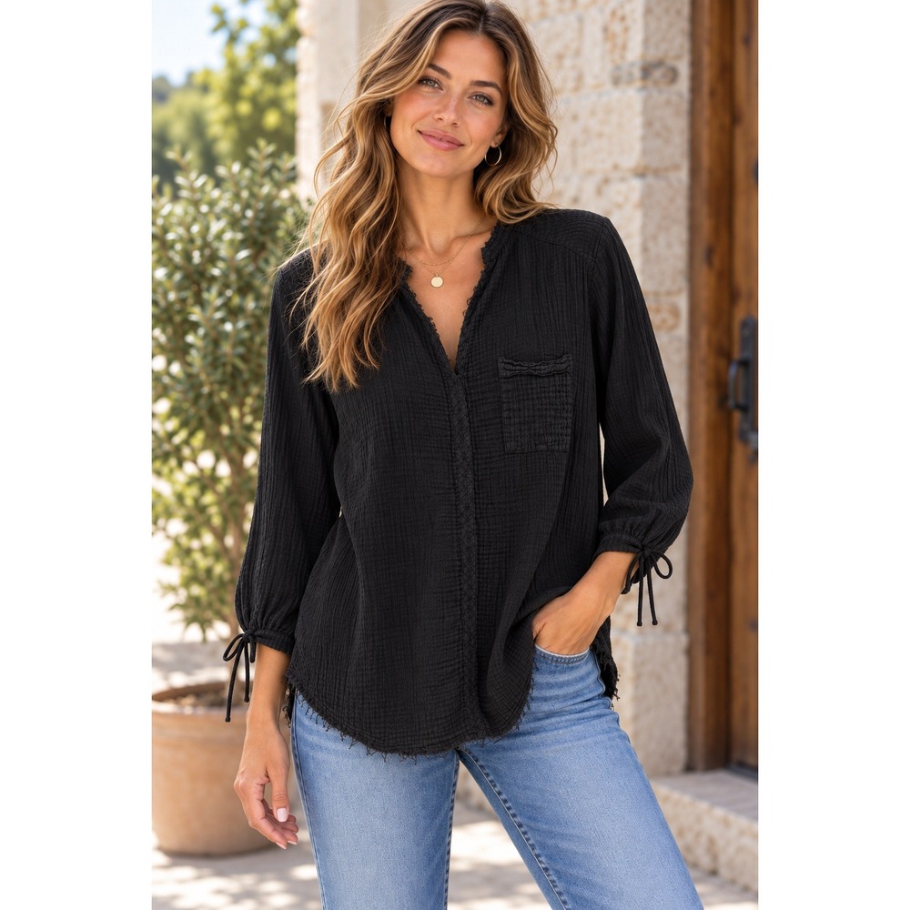 Stark X Black Double Gauze Cotton Tie Sleeve Tunic Top XS